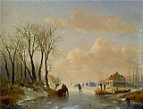 Skaters on the ice with a Koek En Zopie in the distance by Andreas Schelfhout